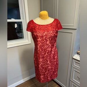 Calvin Klein Red Sequin Boat Nexk Sheath Mini Cocktail Dress Size 12